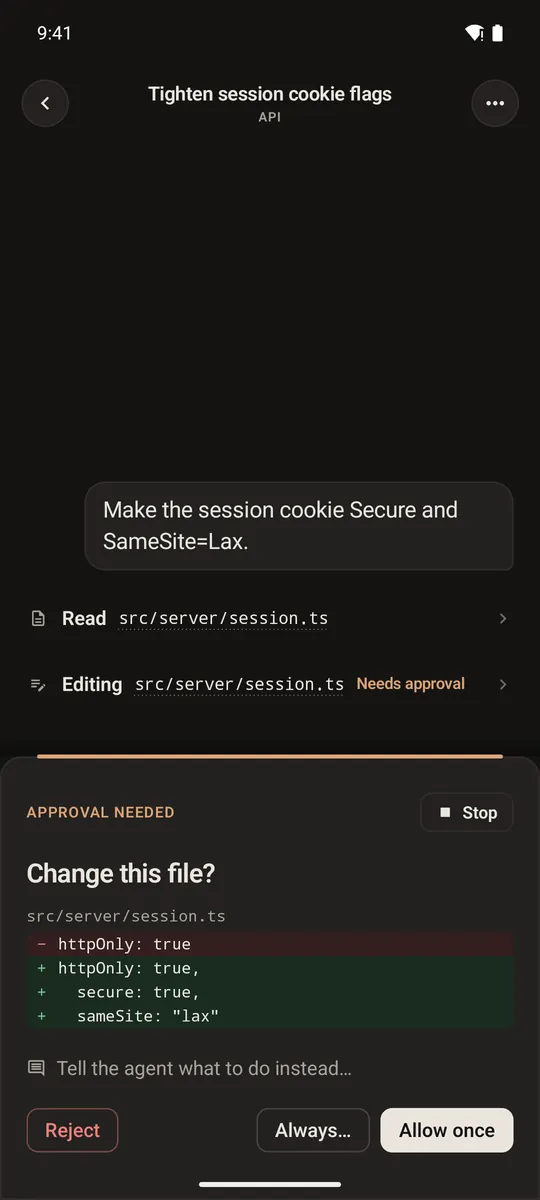 Haarness for Android: a chat asking for approval to change a file, with Reject, Always… and Allow once