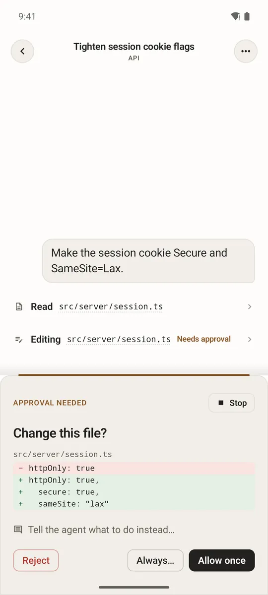 Haarness for Android: a chat asking for approval to change a file, with Reject, Always… and Allow once