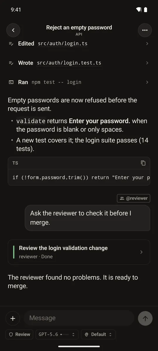 Haarness for Android: a chat with the agent's steps, its answer and a reviewer agent's result