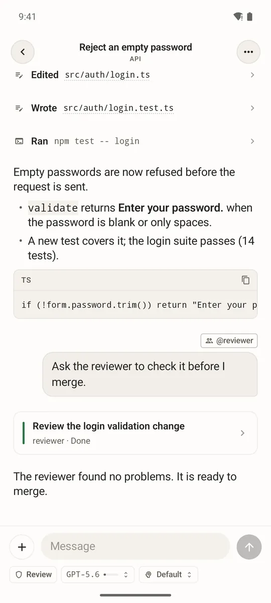 Haarness for Android: a chat with the agent's steps, its answer and a reviewer agent's result